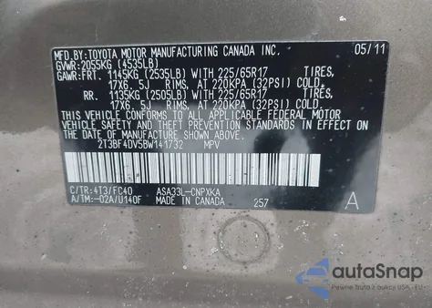 2011 Toyota Rav4 из США, поврежденный, VIN 2T3BF4DV5BW141732